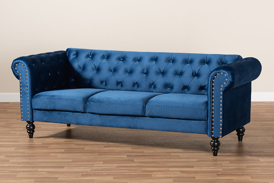 Baxton Studio Emma Traditional and Transitional Navy Blue Velvet Fabric Upholstered and Button Tufted Chesterfield Sofa