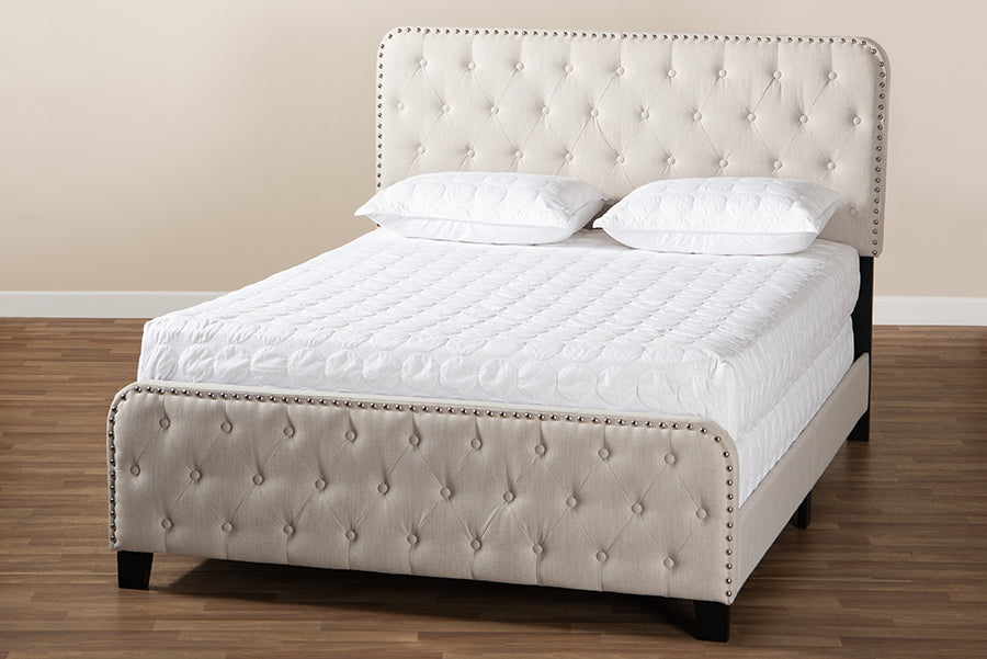 Baxton Studio Annalisa Modern Transitional Beige Fabric Upholstered Button Tufted Queen Size Panel Bed