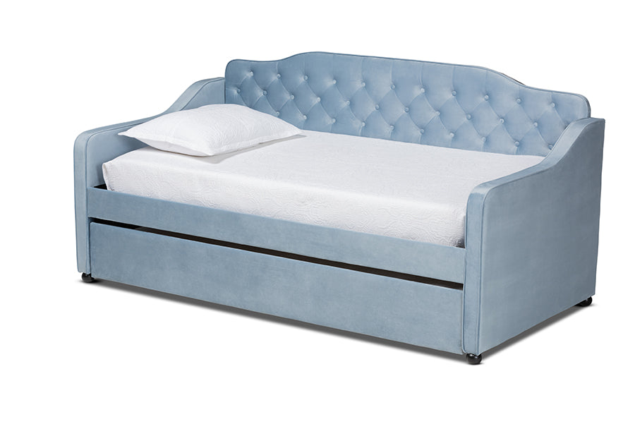 Baxton Studio Freda Traditional and Transitional Light Blue Velvet Fabric Upholstered and Button Tufted Twin Size Daybed with Trundle