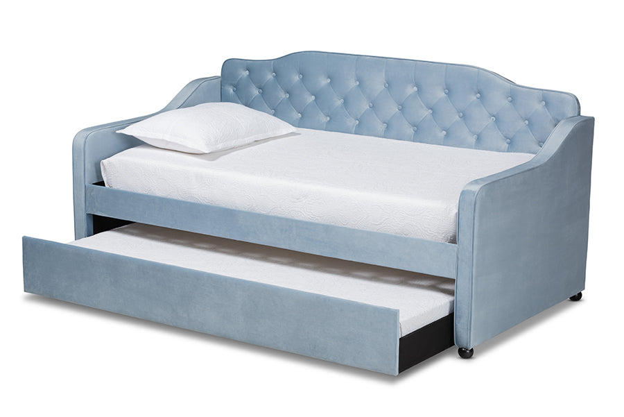 Baxton Studio Freda Traditional and Transitional Light Blue Velvet Fabric Upholstered and Button Tufted Twin Size Daybed with Trundle