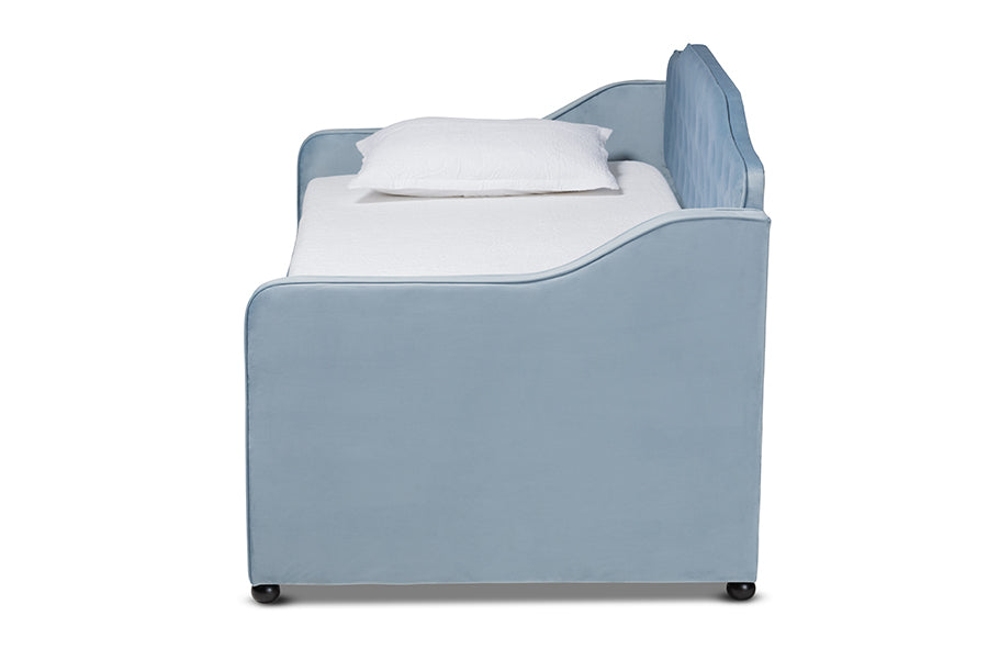 Baxton Studio Freda Traditional and Transitional Light Blue Velvet Fabric Upholstered and Button Tufted Twin Size Daybed with Trundle