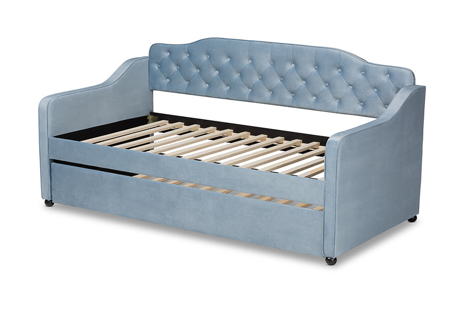Baxton Studio Freda Traditional and Transitional Light Blue Velvet Fabric Upholstered and Button Tufted Twin Size Daybed with Trundle