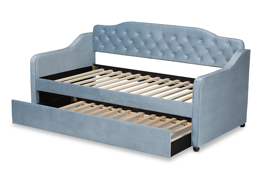 Baxton Studio Freda Traditional and Transitional Light Blue Velvet Fabric Upholstered and Button Tufted Twin Size Daybed with Trundle