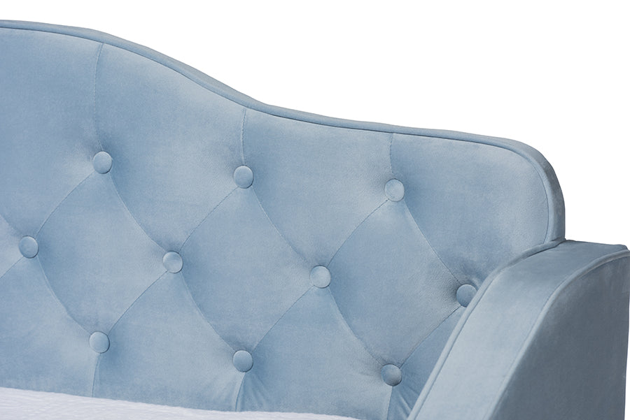 Baxton Studio Freda Traditional and Transitional Light Blue Velvet Fabric Upholstered and Button Tufted Twin Size Daybed with Trundle