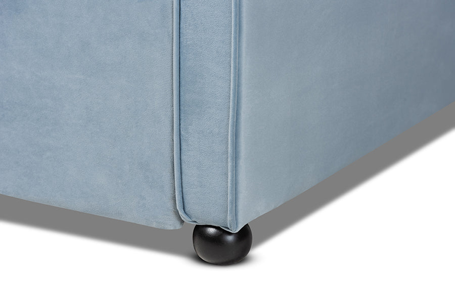 Baxton Studio Freda Traditional and Transitional Light Blue Velvet Fabric Upholstered and Button Tufted Twin Size Daybed with Trundle