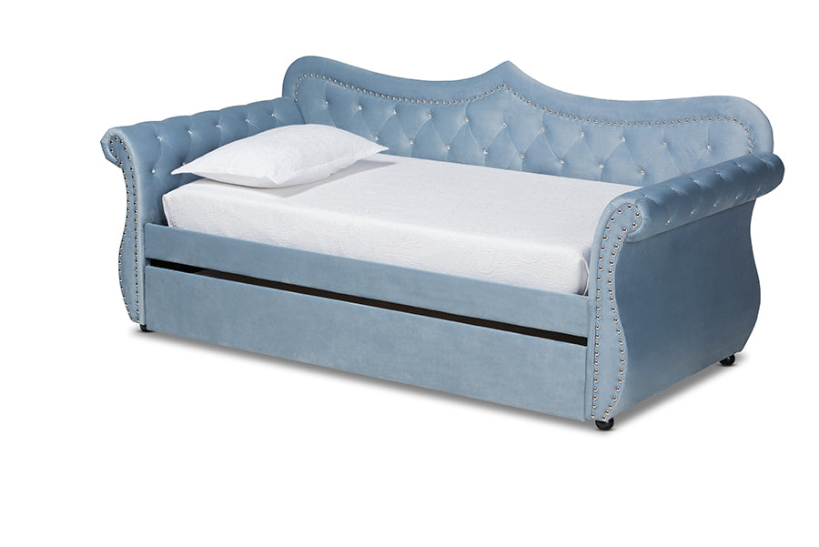 Baxton Studio Abbie Traditional and Transitional Light Blue Velvet Fabric Upholstered and Crystal Tufted Twin Size Daybed with Trundle