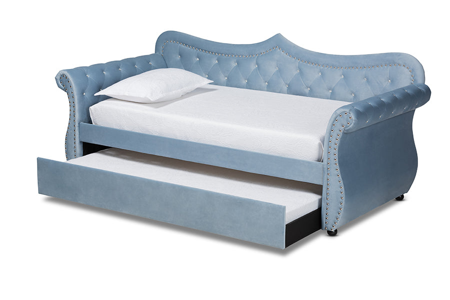 Baxton Studio Abbie Traditional and Transitional Light Blue Velvet Fabric Upholstered and Crystal Tufted Twin Size Daybed with Trundle