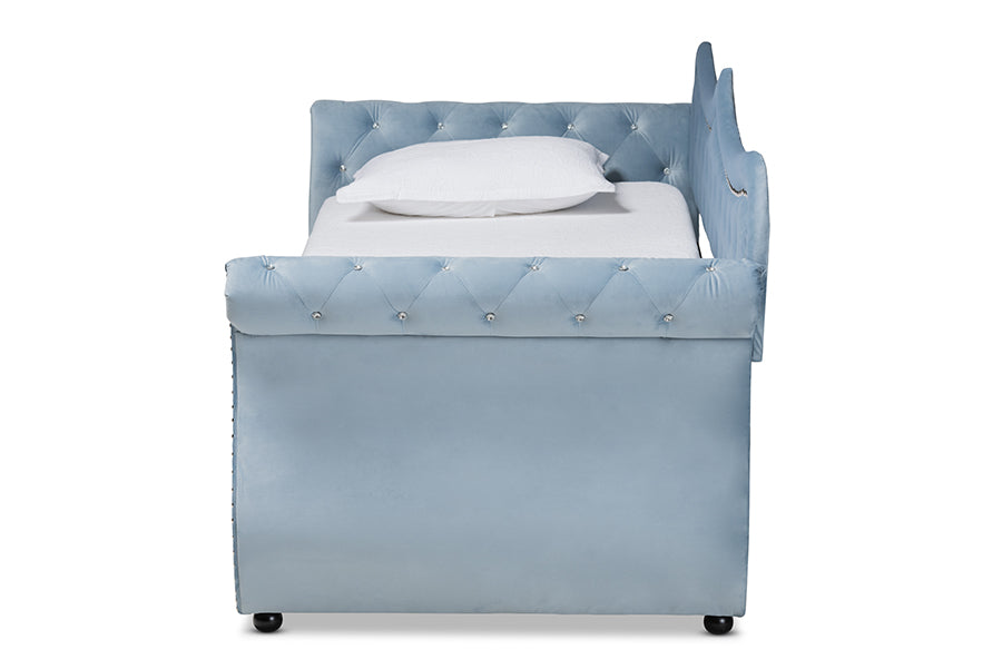Baxton Studio Abbie Traditional and Transitional Light Blue Velvet Fabric Upholstered and Crystal Tufted Twin Size Daybed with Trundle