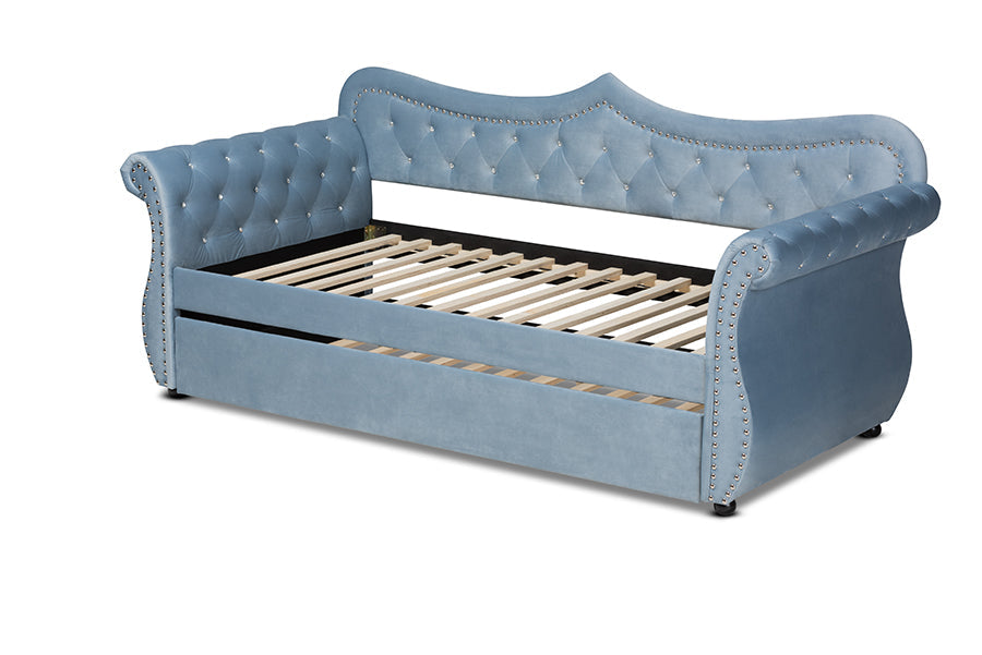 Baxton Studio Abbie Traditional and Transitional Light Blue Velvet Fabric Upholstered and Crystal Tufted Twin Size Daybed with Trundle