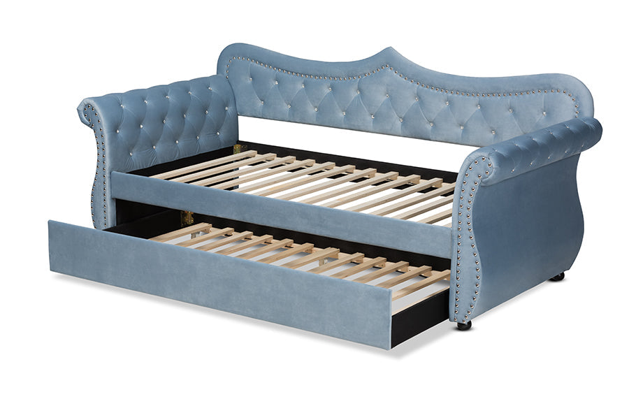 Baxton Studio Abbie Traditional and Transitional Light Blue Velvet Fabric Upholstered and Crystal Tufted Twin Size Daybed with Trundle