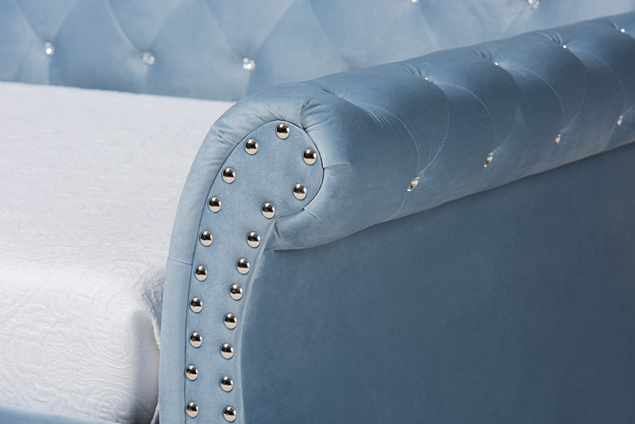 Baxton Studio Abbie Traditional and Transitional Light Blue Velvet Fabric Upholstered and Crystal Tufted Twin Size Daybed with Trundle