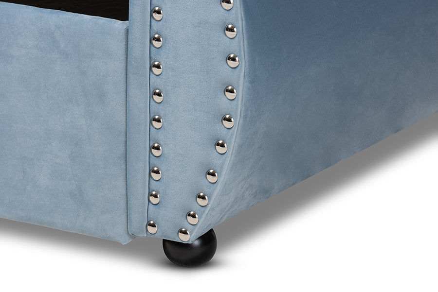 Baxton Studio Abbie Traditional and Transitional Light Blue Velvet Fabric Upholstered and Crystal Tufted Twin Size Daybed with Trundle