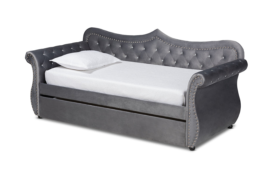 Baxton Studio Abbie Traditional and Transitional Grey Velvet Fabric Upholstered and Crystal Tufted Twin Size Daybed with Trundle