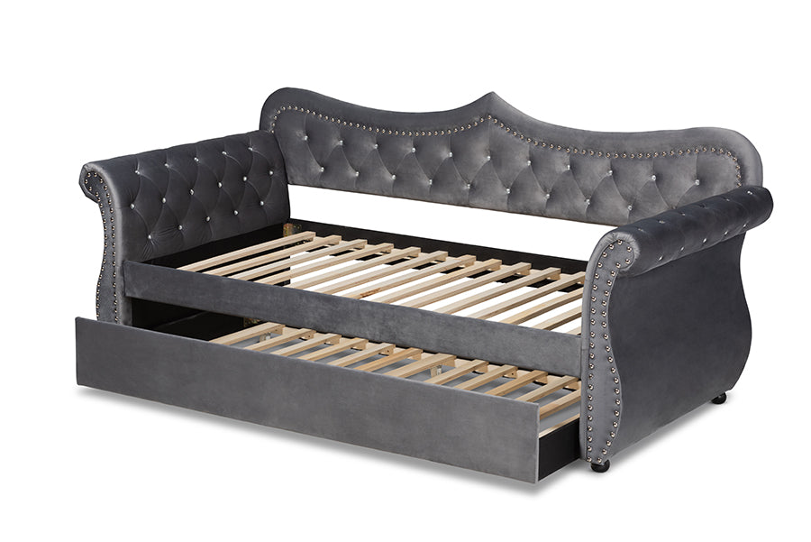 Baxton Studio Abbie Traditional and Transitional Grey Velvet Fabric Upholstered and Crystal Tufted Twin Size Daybed with Trundle