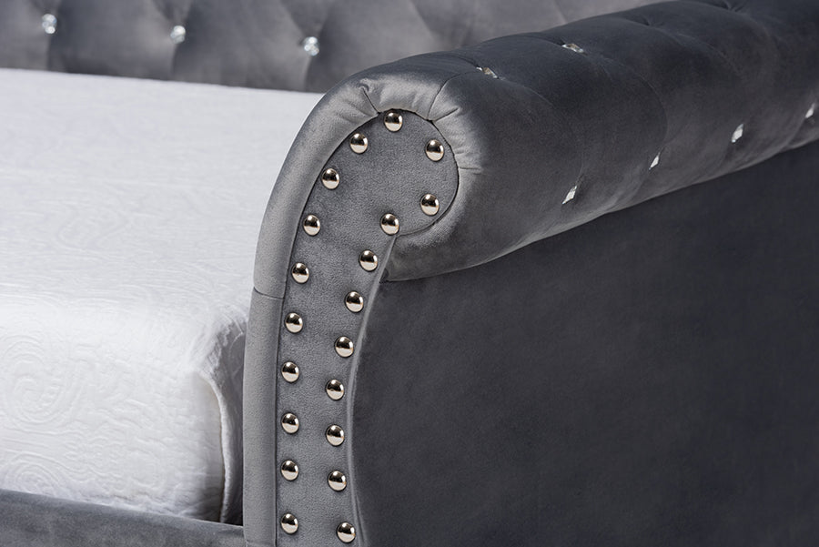 Baxton Studio Abbie Traditional and Transitional Grey Velvet Fabric Upholstered and Crystal Tufted Twin Size Daybed with Trundle