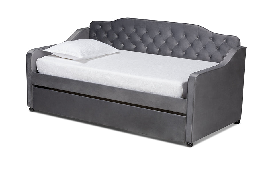 Baxton Studio Freda Traditional and Transitional Grey Velvet Fabric Upholstered and Button Tufted Twin Size Daybed with Trundle