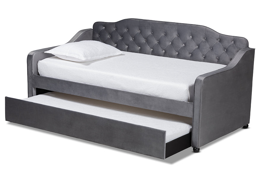 Baxton Studio Freda Traditional and Transitional Grey Velvet Fabric Upholstered and Button Tufted Twin Size Daybed with Trundle