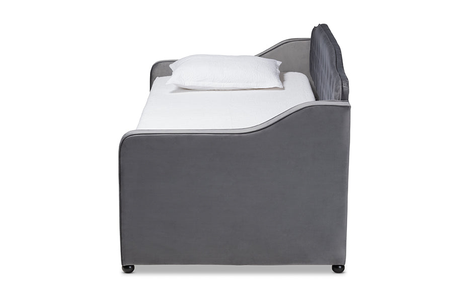 Baxton Studio Freda Traditional and Transitional Grey Velvet Fabric Upholstered and Button Tufted Twin Size Daybed with Trundle
