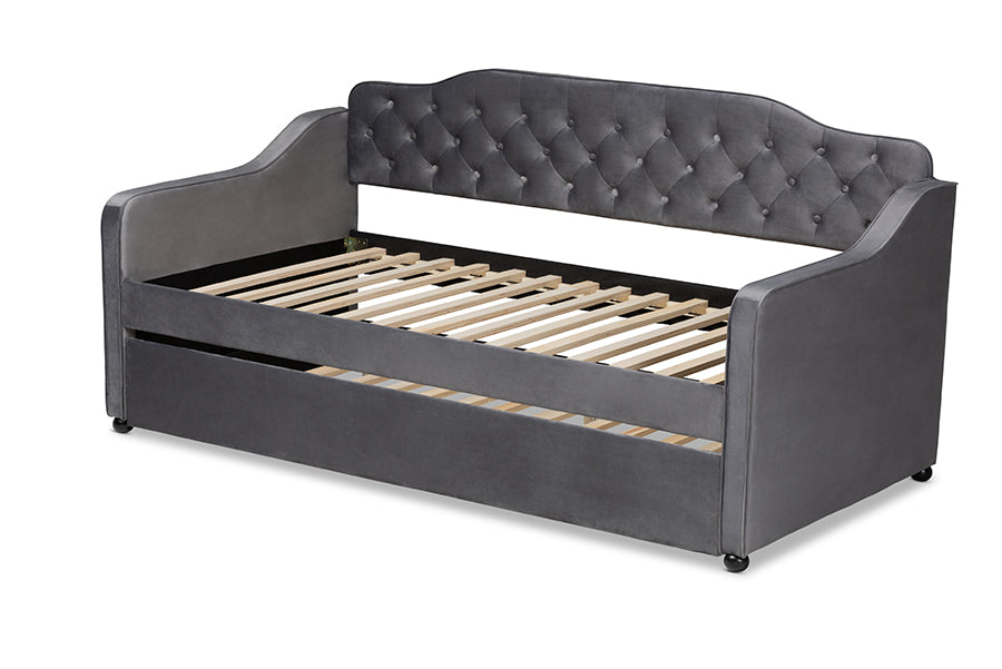 Baxton Studio Freda Traditional and Transitional Grey Velvet Fabric Upholstered and Button Tufted Twin Size Daybed with Trundle