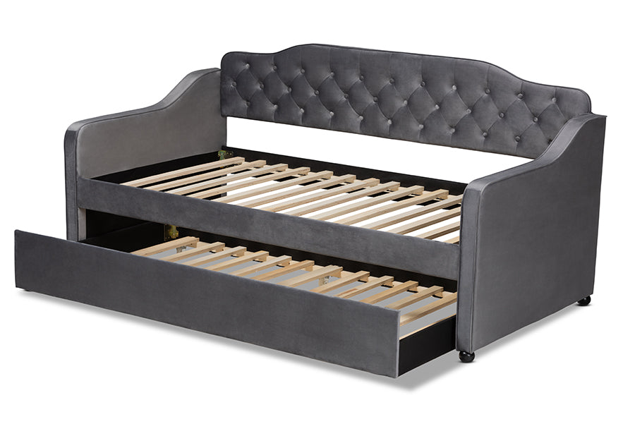 Baxton Studio Freda Traditional and Transitional Grey Velvet Fabric Upholstered and Button Tufted Twin Size Daybed with Trundle