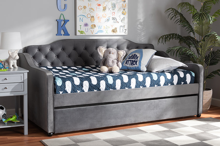 Baxton Studio Freda Traditional and Transitional Grey Velvet Fabric Upholstered and Button Tufted Twin Size Daybed with Trundle