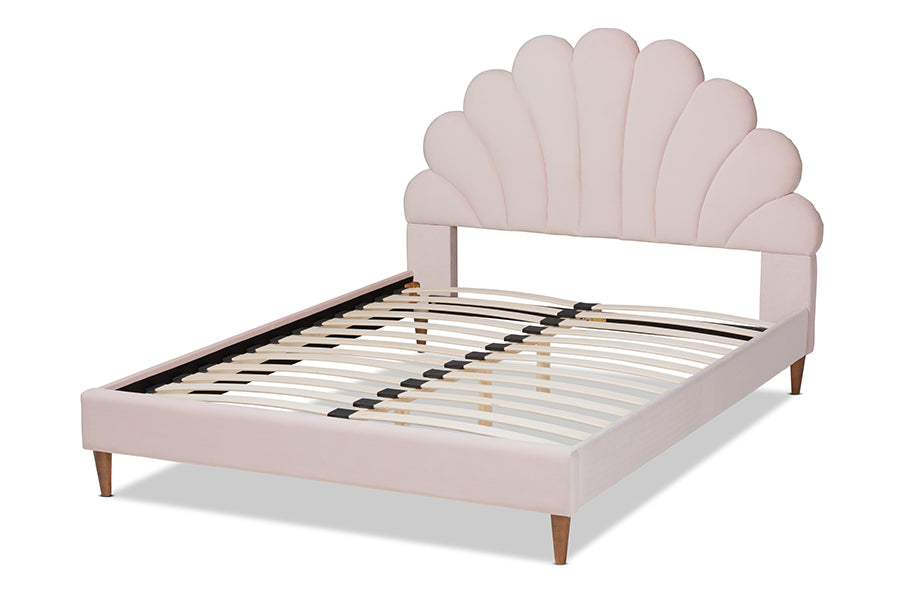 Baxton Studio Odille Modern Glam Light Pink Velvet Upholstered Walnut Brown Finished Wood Queen Size Seashell Shaped Platform Bed