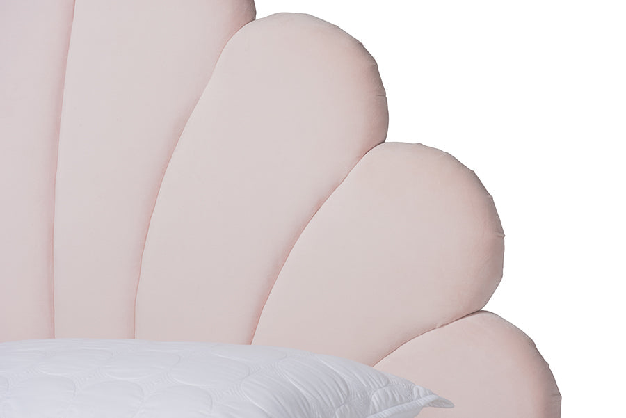 Baxton Studio Odille Modern Glam Light Pink Velvet Upholstered Walnut Brown Finished Wood Queen Size Seashell Shaped Platform Bed