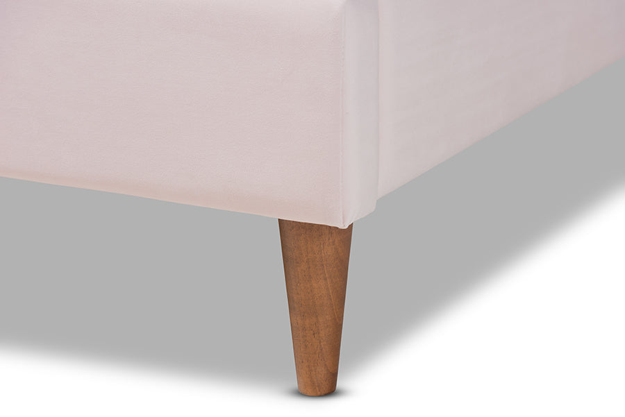 Baxton Studio Odille Modern Glam Light Pink Velvet Upholstered Walnut Brown Finished Wood Queen Size Seashell Shaped Platform Bed