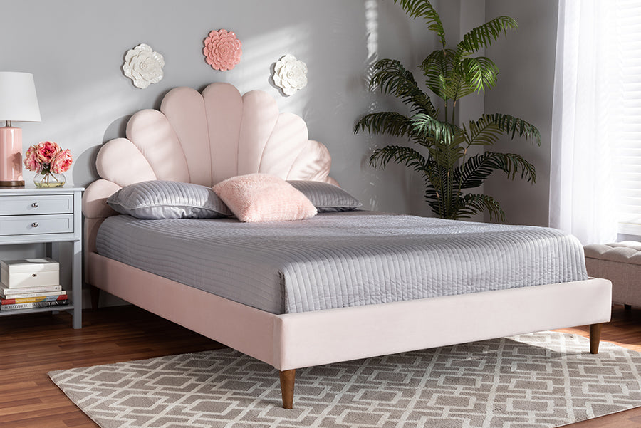 Baxton Studio Odille Modern Glam Light Pink Velvet Upholstered Walnut Brown Finished Wood Queen Size Seashell Shaped Platform Bed