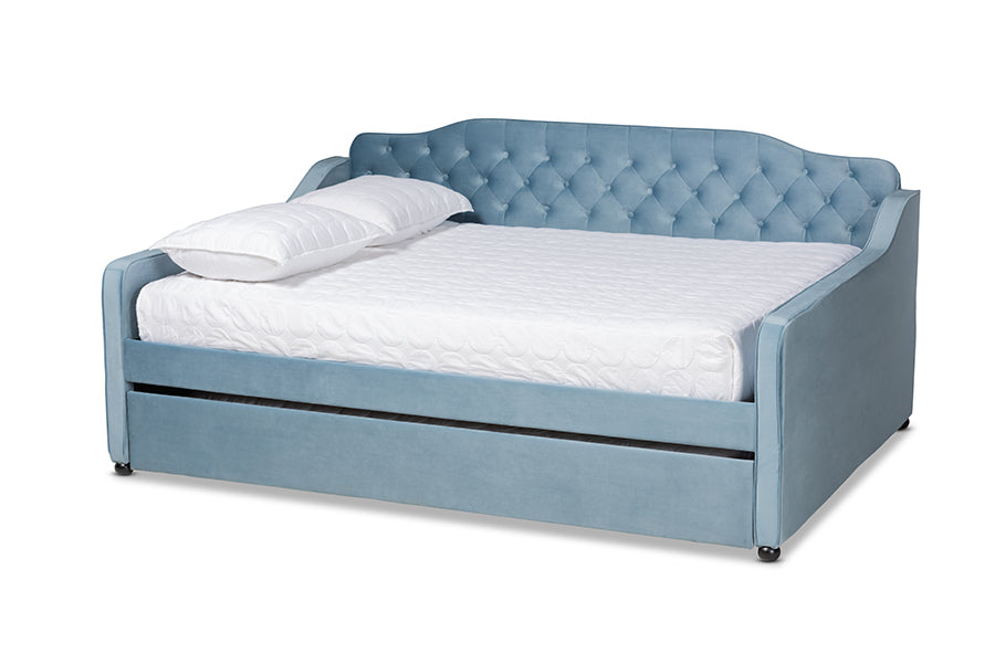 Baxton Studio Freda Transitional and Contemporary Light Blue Velvet Fabric Upholstered and Button Tufted Full Size Daybed with Trundle
