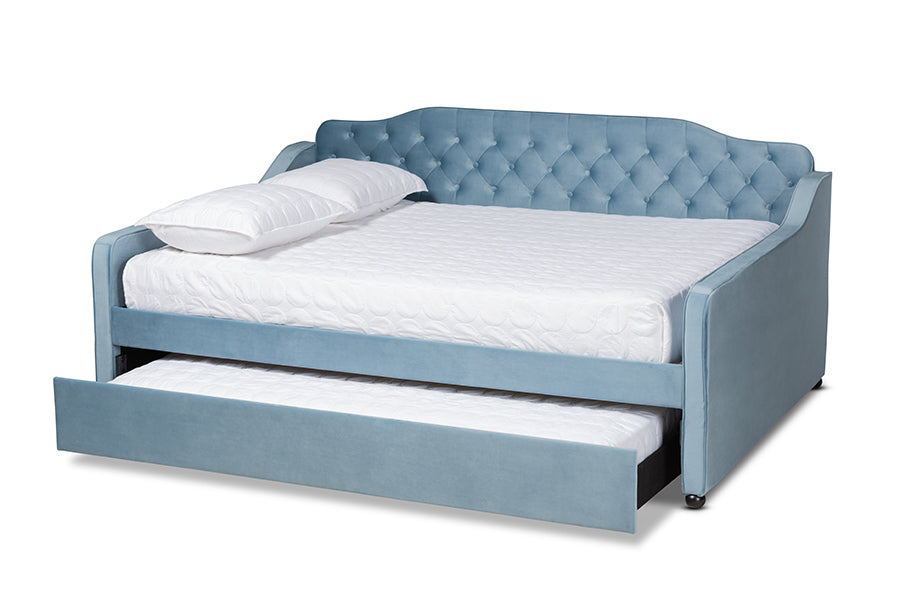 Baxton Studio Freda Transitional and Contemporary Light Blue Velvet Fabric Upholstered and Button Tufted Full Size Daybed with Trundle