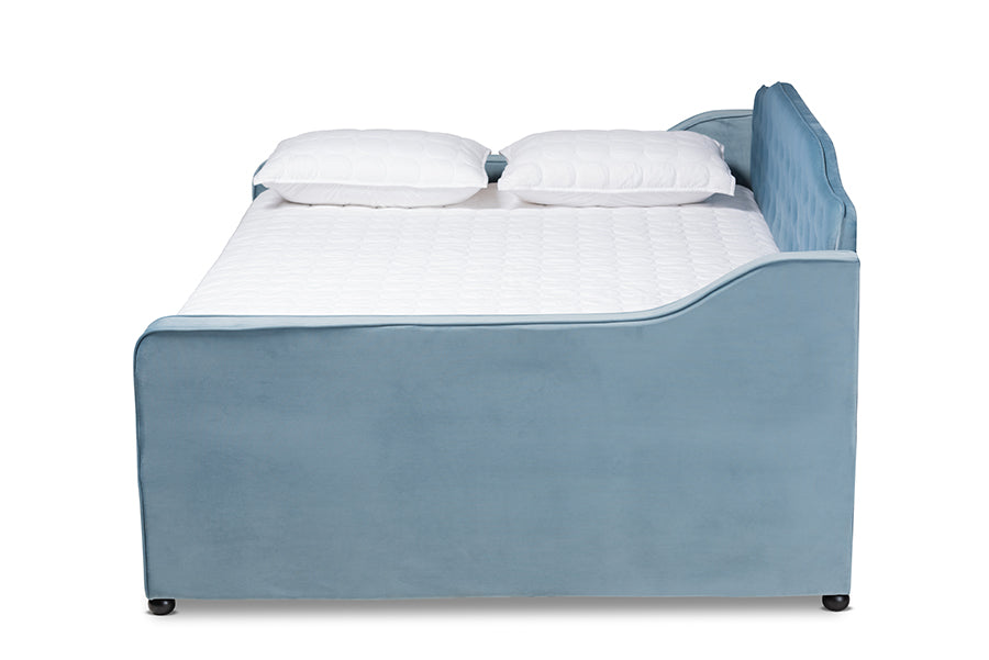 Baxton Studio Freda Transitional and Contemporary Light Blue Velvet Fabric Upholstered and Button Tufted Full Size Daybed with Trundle