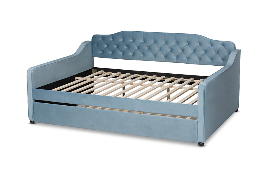 Baxton Studio Freda Transitional and Contemporary Light Blue Velvet Fabric Upholstered and Button Tufted Full Size Daybed with Trundle