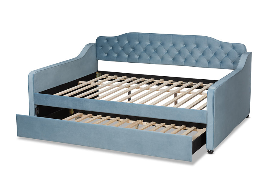 Baxton Studio Freda Transitional and Contemporary Light Blue Velvet Fabric Upholstered and Button Tufted Full Size Daybed with Trundle