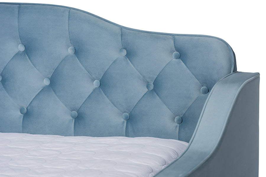 Baxton Studio Freda Transitional and Contemporary Light Blue Velvet Fabric Upholstered and Button Tufted Full Size Daybed with Trundle