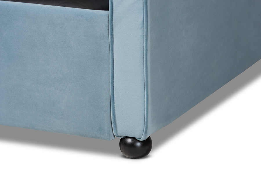 Baxton Studio Freda Transitional and Contemporary Light Blue Velvet Fabric Upholstered and Button Tufted Full Size Daybed with Trundle