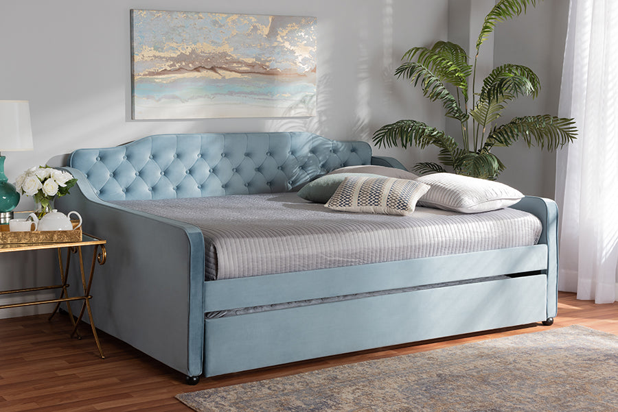 Baxton Studio Freda Transitional and Contemporary Light Blue Velvet Fabric Upholstered and Button Tufted Full Size Daybed with Trundle