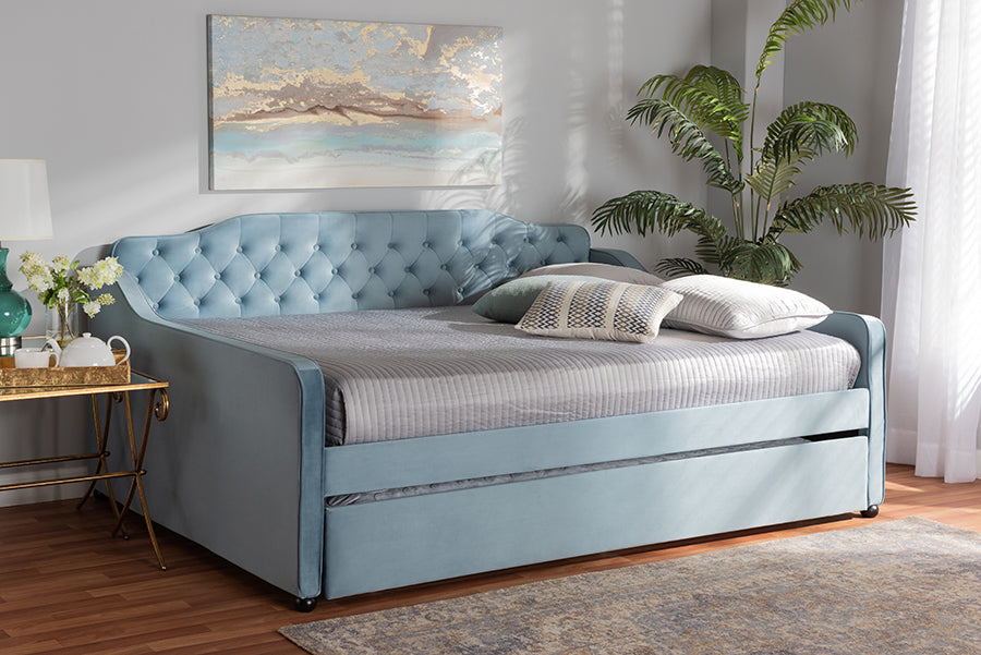 Baxton Studio Freda Transitional and Contemporary Light Blue Velvet Fabric Upholstered and Button Tufted Full Size Daybed with Trundle
