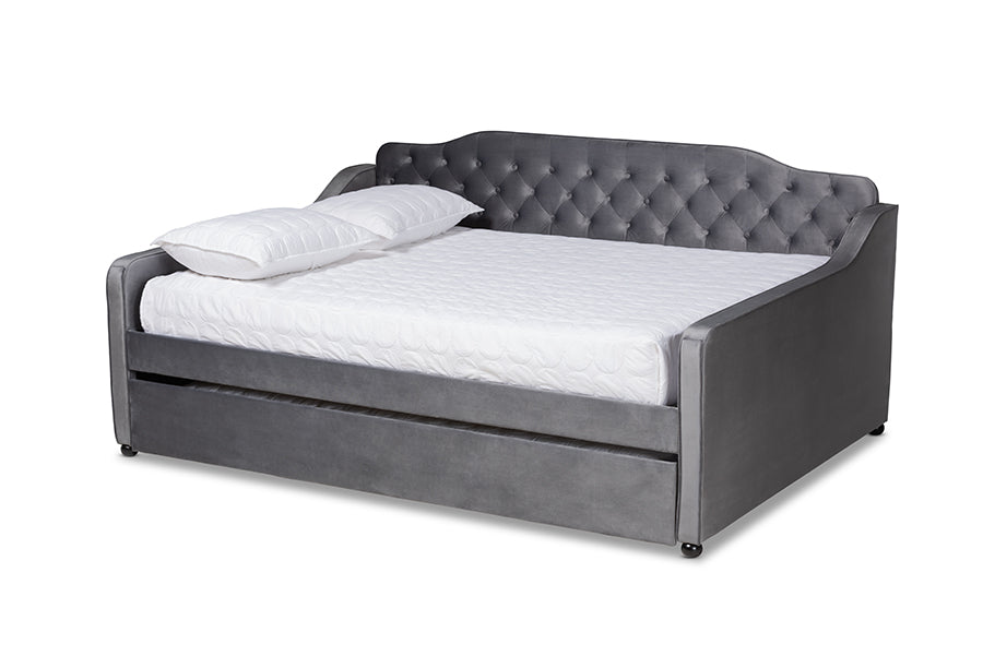 Baxton Studio Freda Transitional and Contemporary Grey Velvet Fabric Upholstered and Button Tufted Full Size Daybed with Trundle