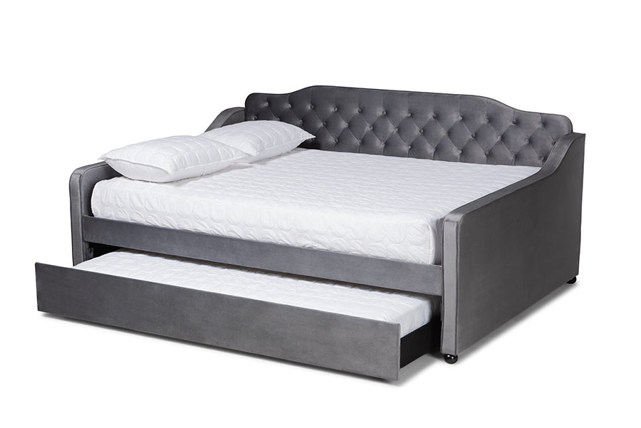 Baxton Studio Freda Transitional and Contemporary Grey Velvet Fabric Upholstered and Button Tufted Full Size Daybed with Trundle