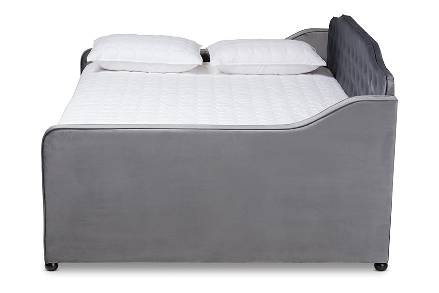 Baxton Studio Freda Transitional and Contemporary Grey Velvet Fabric Upholstered and Button Tufted Full Size Daybed with Trundle