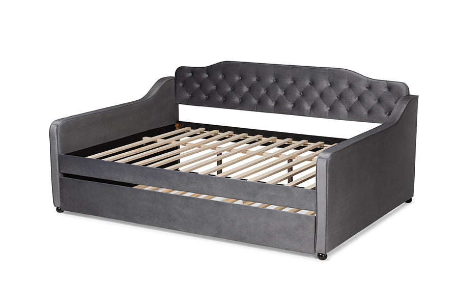 Baxton Studio Freda Transitional and Contemporary Grey Velvet Fabric Upholstered and Button Tufted Full Size Daybed with Trundle