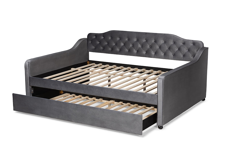 Baxton Studio Freda Transitional and Contemporary Grey Velvet Fabric Upholstered and Button Tufted Full Size Daybed with Trundle