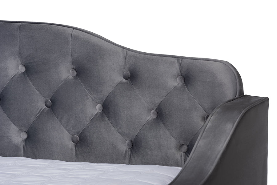 Baxton Studio Freda Transitional and Contemporary Grey Velvet Fabric Upholstered and Button Tufted Full Size Daybed with Trundle