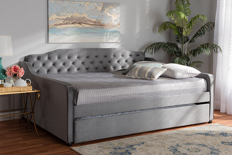 Baxton Studio Freda Transitional and Contemporary Grey Velvet Fabric Upholstered and Button Tufted Full Size Daybed with Trundle