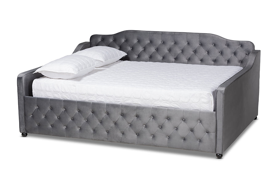 Baxton Studio Freda Transitional and Contemporary Grey Velvet Fabric Upholstered and Button Tufted Full Size Daybed