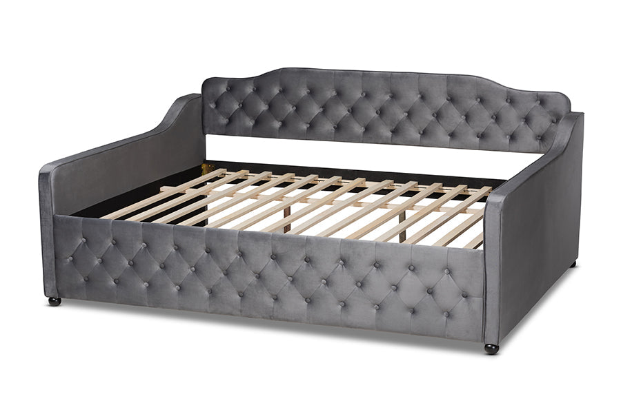 Baxton Studio Freda Transitional and Contemporary Grey Velvet Fabric Upholstered and Button Tufted Full Size Daybed