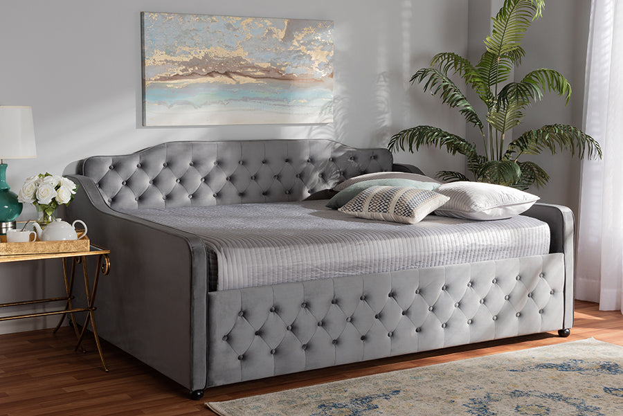 Baxton Studio Freda Transitional and Contemporary Grey Velvet Fabric Upholstered and Button Tufted Full Size Daybed