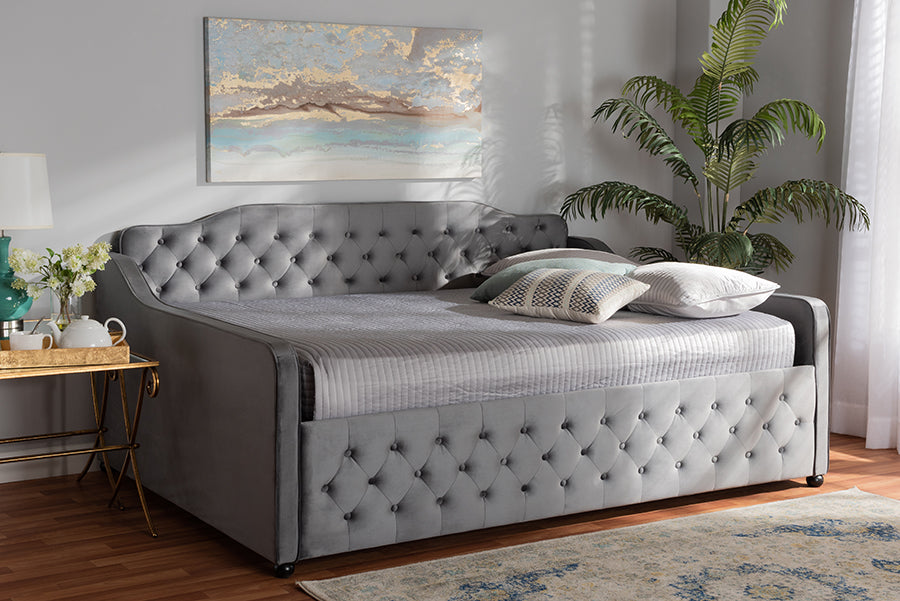 Baxton Studio Freda Transitional and Contemporary Grey Velvet Fabric Upholstered and Button Tufted Full Size Daybed