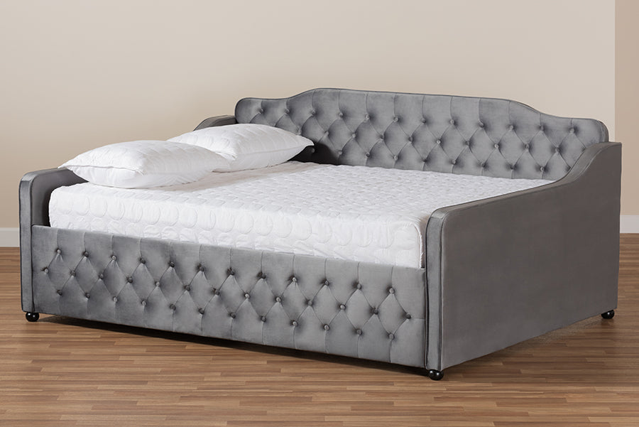 Baxton Studio Freda Transitional and Contemporary Grey Velvet Fabric Upholstered and Button Tufted Full Size Daybed
